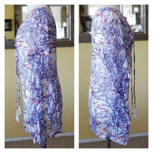 Letarte Silk Sheer Fish and Coral Print Lace Up Swim Coverup with Beads/Sequins - Picture 2 of 7